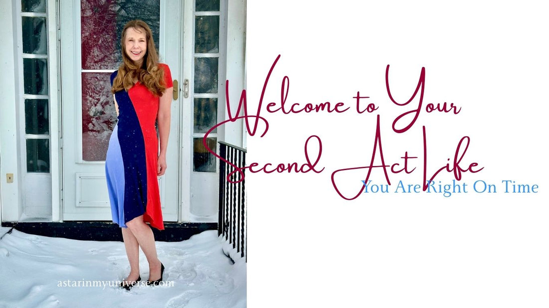woman in red and blue dress standing outside door with snow on the stoop; Script of "Welcome to Your Second Act Life"