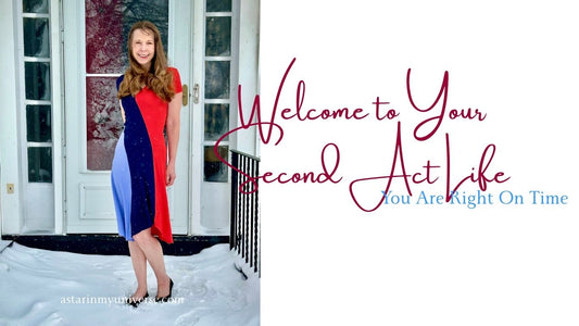 woman in red and blue dress standing outside door with snow on the stoop; Script of "Welcome to Your Second Act Life"